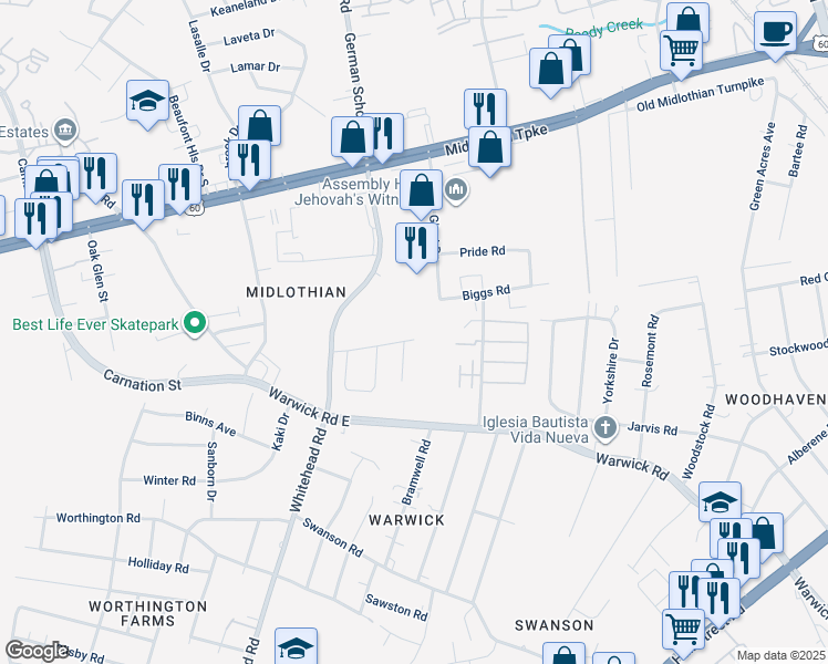 map of restaurants, bars, coffee shops, grocery stores, and more near 5800 Shallow Way in Richmond