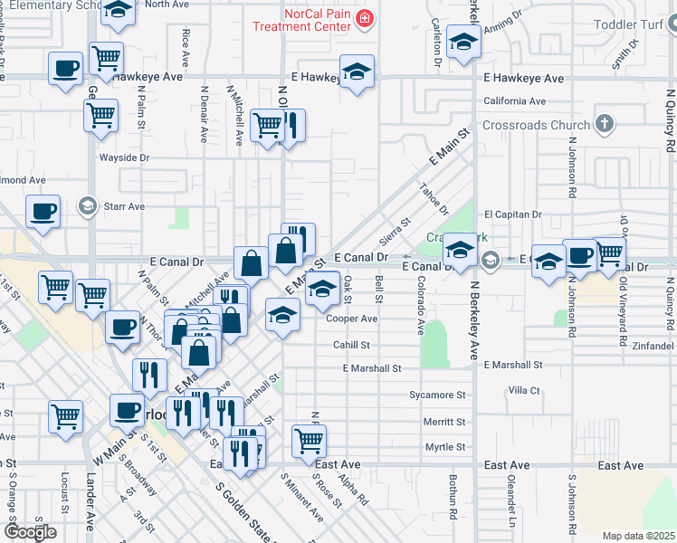 map of restaurants, bars, coffee shops, grocery stores, and more near 1274 East Canal Drive in Turlock