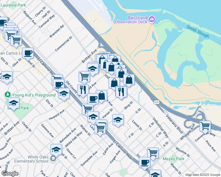 map of restaurants, bars, coffee shops, grocery stores, and more near 909 American Street in San Carlos
