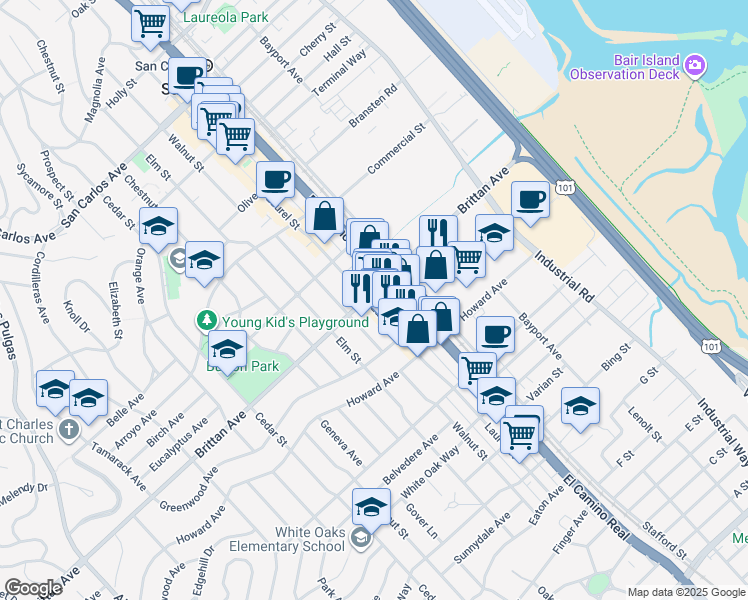 map of restaurants, bars, coffee shops, grocery stores, and more near 1109 Laurel Street in San Carlos