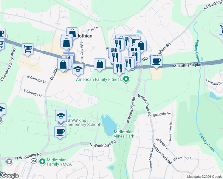 map of restaurants, bars, coffee shops, grocery stores, and more near 120 Walton Park Road in Midlothian