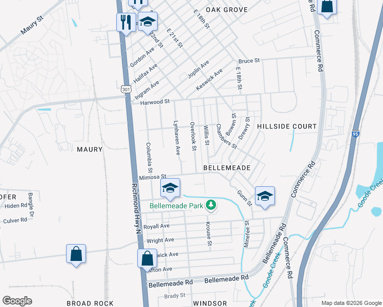 map of restaurants, bars, coffee shops, grocery stores, and more near 1425 Overlook Street in Richmond