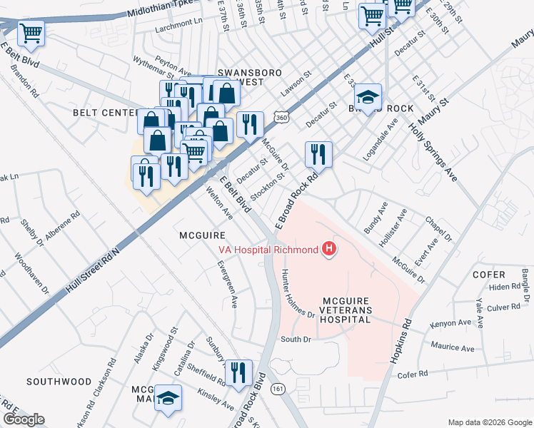 map of restaurants, bars, coffee shops, grocery stores, and more near 3937 Merry Oaks Avenue in Richmond