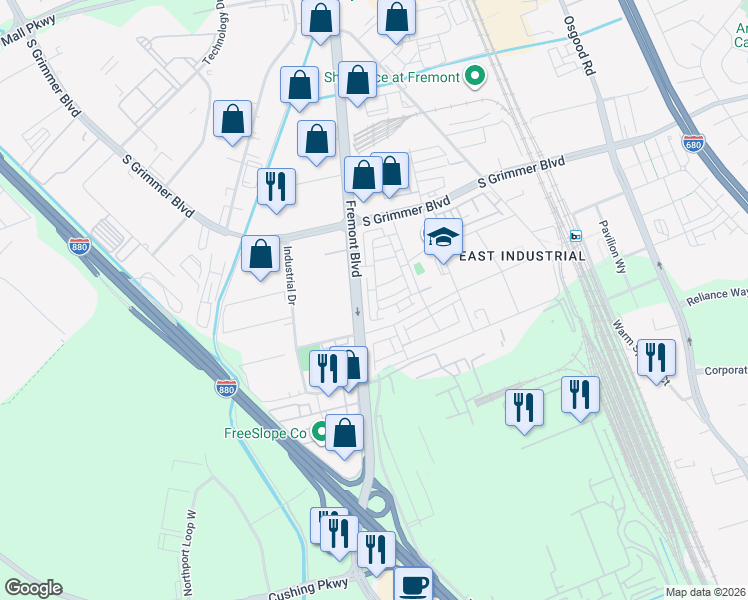 map of restaurants, bars, coffee shops, grocery stores, and more near in Fremont