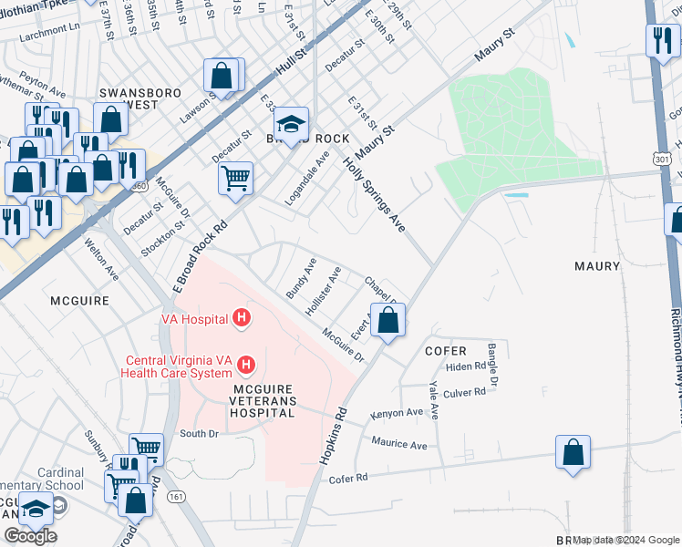 map of restaurants, bars, coffee shops, grocery stores, and more near 3412 Chapel Drive in Richmond