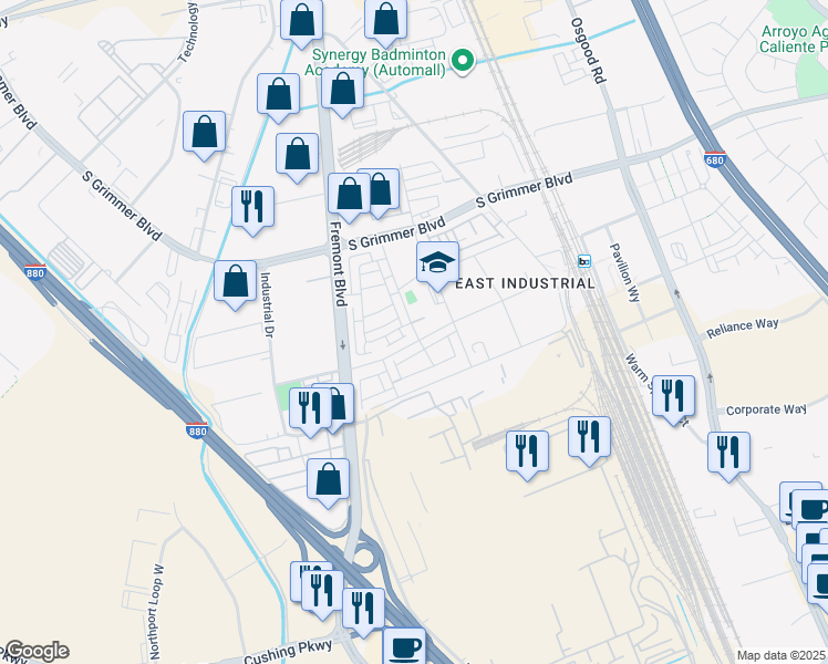 map of restaurants, bars, coffee shops, grocery stores, and more near 45079 Insight Street in Fremont