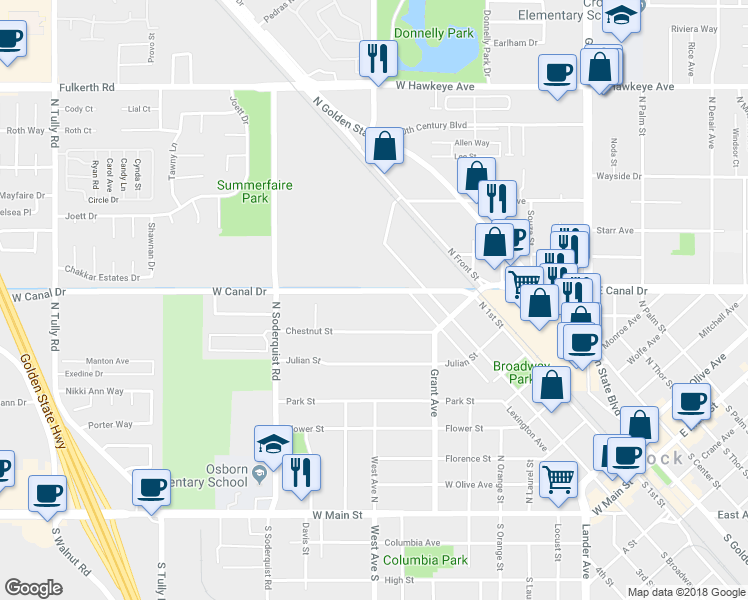map of restaurants, bars, coffee shops, grocery stores, and more near 796 W Canal Dr in Turlock