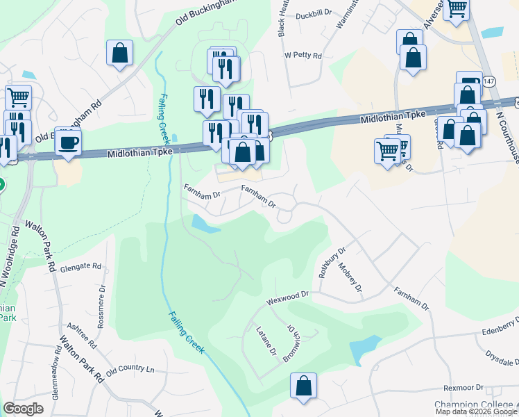 map of restaurants, bars, coffee shops, grocery stores, and more near 612 Farnham Court in Richmond