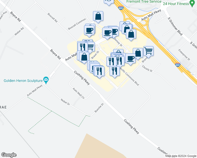 map of restaurants, bars, coffee shops, grocery stores, and more near 43761 Boscell Road in Fremont