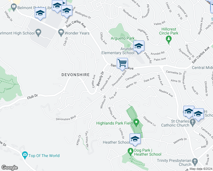 map of restaurants, bars, coffee shops, grocery stores, and more near 132 Devonshire Boulevard in San Carlos