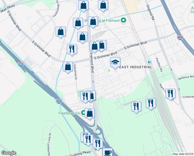 map of restaurants, bars, coffee shops, grocery stores, and more near in Fremont