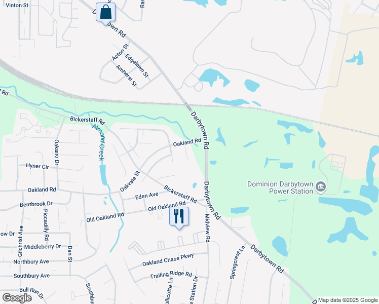 map of restaurants, bars, coffee shops, grocery stores, and more near 6109 Oakland Trace Court in Henrico