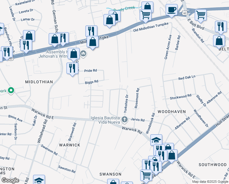 map of restaurants, bars, coffee shops, grocery stores, and more near 5513 Calvert Drive in Richmond