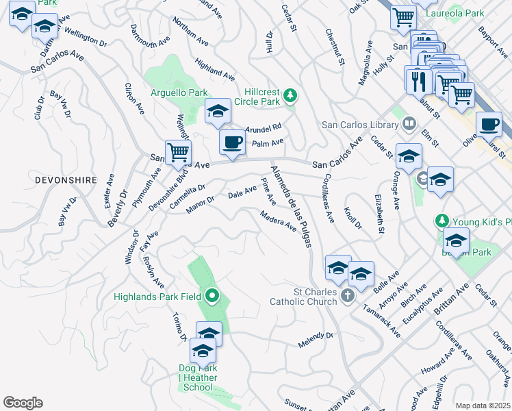 map of restaurants, bars, coffee shops, grocery stores, and more near 88 Madera Avenue in San Carlos