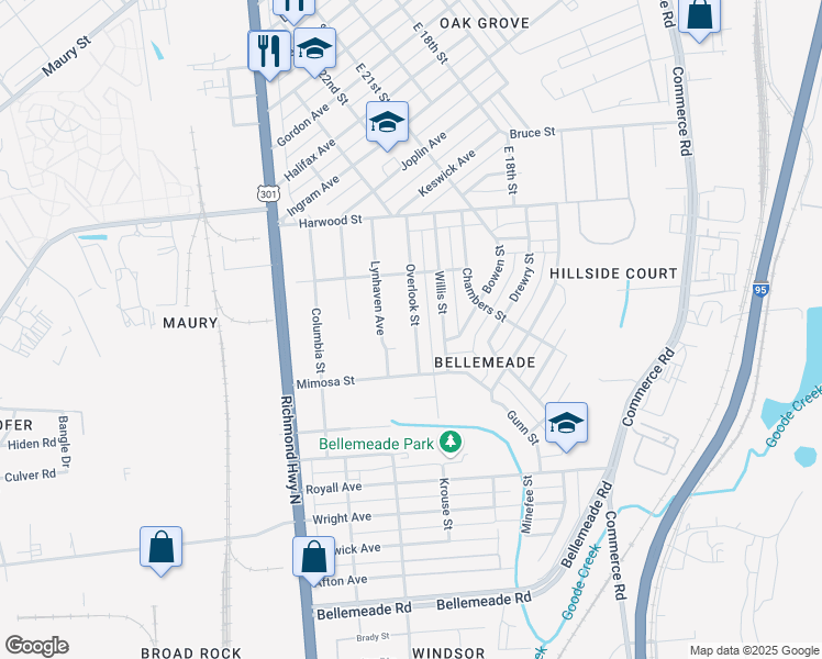 map of restaurants, bars, coffee shops, grocery stores, and more near 1425 Overlook Street in Richmond