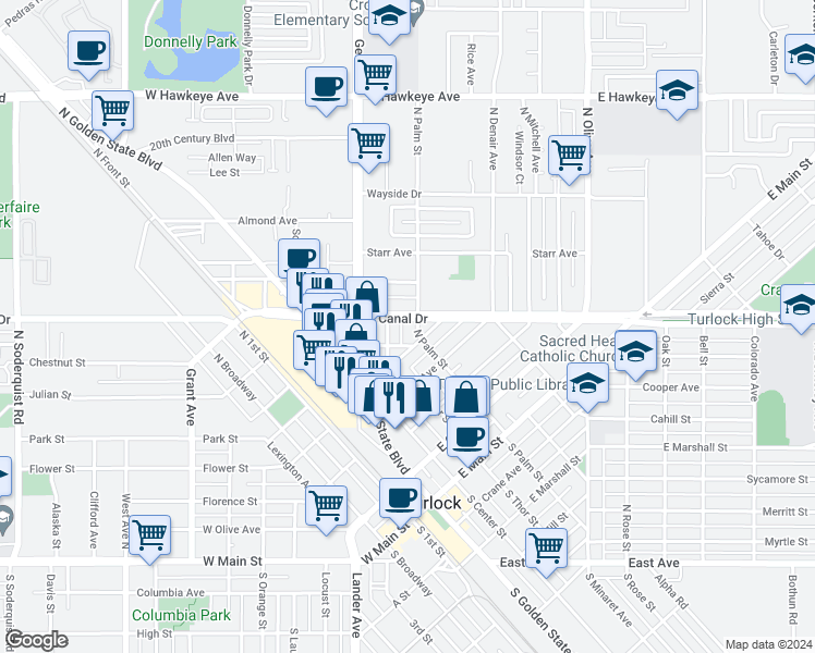 map of restaurants, bars, coffee shops, grocery stores, and more near 512 North Palm Street in Turlock