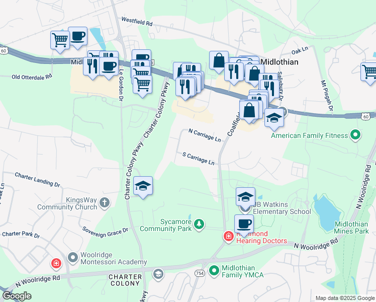 map of restaurants, bars, coffee shops, grocery stores, and more near 14050 South Carriage Lane in Midlothian