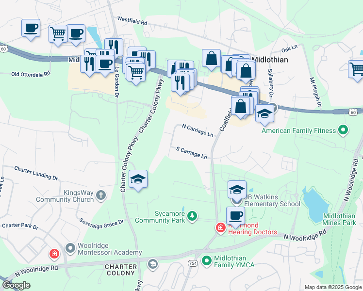 map of restaurants, bars, coffee shops, grocery stores, and more near 14050 South Carriage Lane in Midlothian