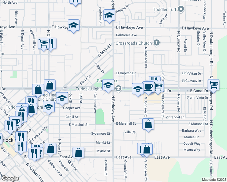 map of restaurants, bars, coffee shops, grocery stores, and more near 1600 East Canal Drive in Turlock