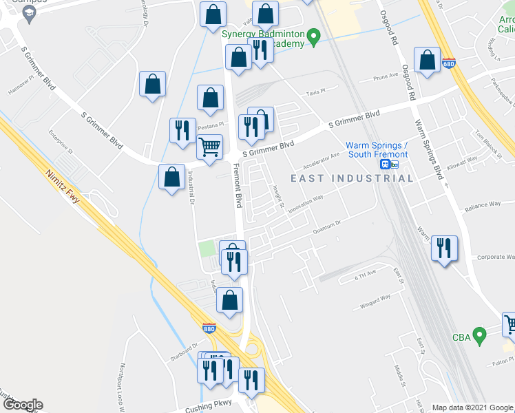 map of restaurants, bars, coffee shops, grocery stores, and more near 45138 Challenge Common in Fremont