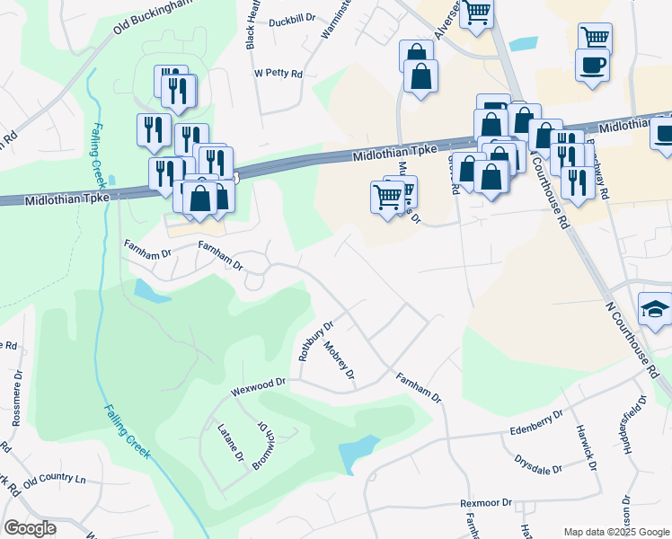 map of restaurants, bars, coffee shops, grocery stores, and more near 11818 Blakeston Court in Chesterfield County