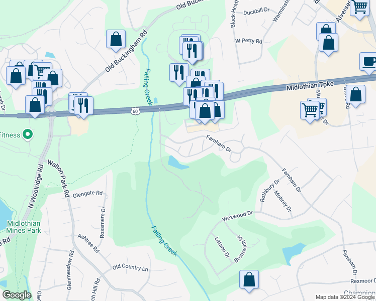 map of restaurants, bars, coffee shops, grocery stores, and more near 614 Hazeltine Court in Richmond