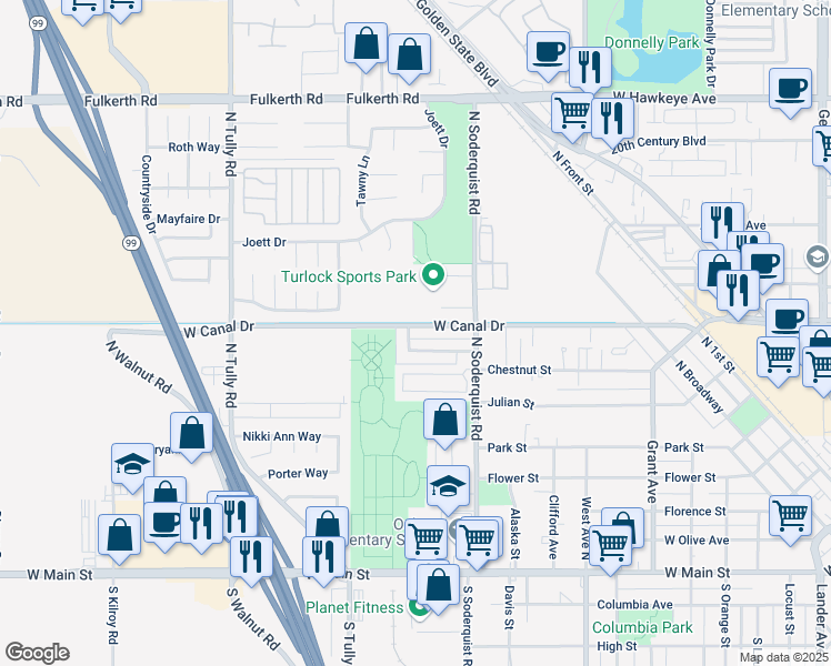 map of restaurants, bars, coffee shops, grocery stores, and more near 1440 West Canal Drive in Turlock