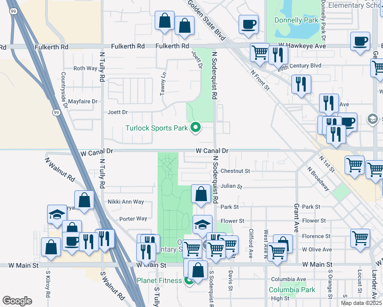 map of restaurants, bars, coffee shops, grocery stores, and more near 1400 West Canal Drive in Turlock