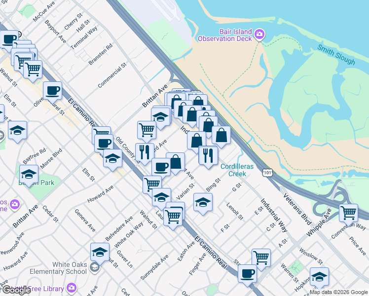 map of restaurants, bars, coffee shops, grocery stores, and more near 909 American Street in San Carlos
