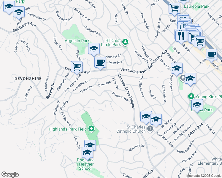 map of restaurants, bars, coffee shops, grocery stores, and more near 88 Madera Avenue in San Carlos
