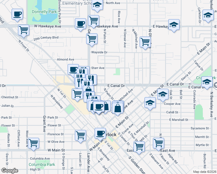 map of restaurants, bars, coffee shops, grocery stores, and more near 250 East Canal Drive in Turlock