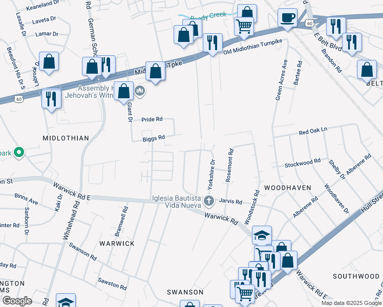 map of restaurants, bars, coffee shops, grocery stores, and more near 5513 Calvert Drive in Richmond