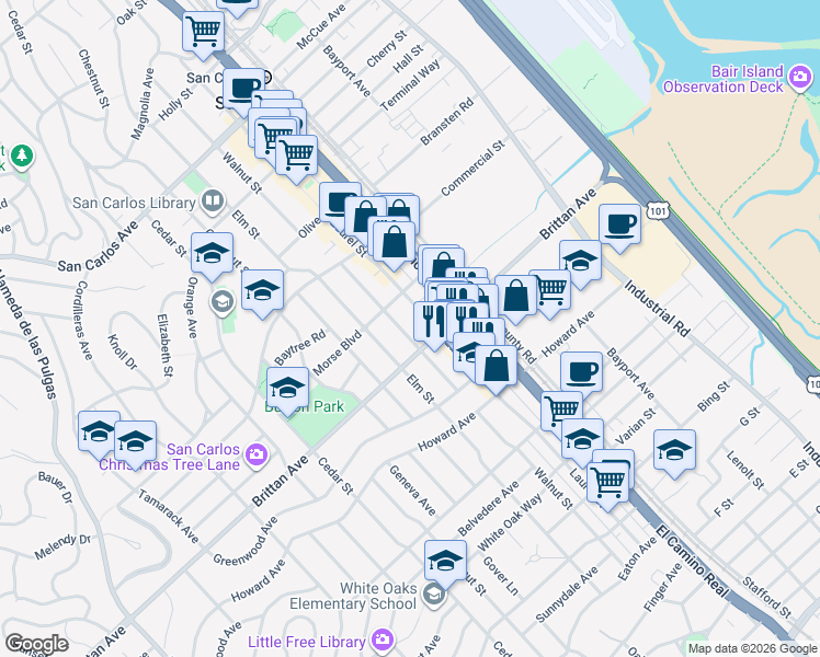 map of restaurants, bars, coffee shops, grocery stores, and more near 1025 Walnut Street in San Carlos