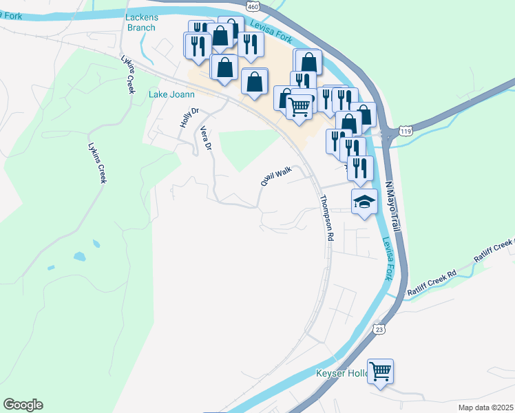 map of restaurants, bars, coffee shops, grocery stores, and more near 201 Quail Walk in Pikeville