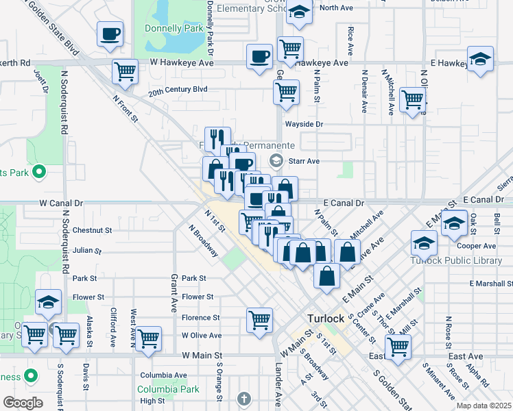 map of restaurants, bars, coffee shops, grocery stores, and more near 701 N Golden State Blvd in Turlock
