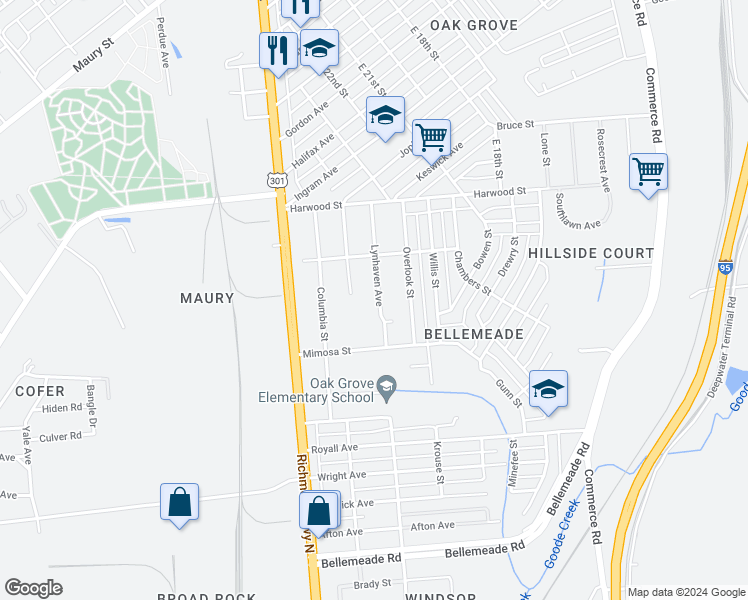 map of restaurants, bars, coffee shops, grocery stores, and more near 1421 Lynhaven Avenue in Richmond