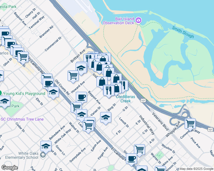 map of restaurants, bars, coffee shops, grocery stores, and more near 1500 Industrial Road in San Carlos