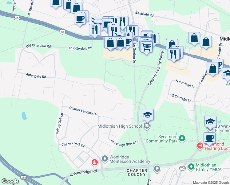map of restaurants, bars, coffee shops, grocery stores, and more near 448 Dunlin Court in Midlothian