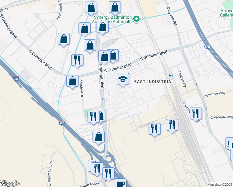 map of restaurants, bars, coffee shops, grocery stores, and more near 45138 Challenge Common in Fremont