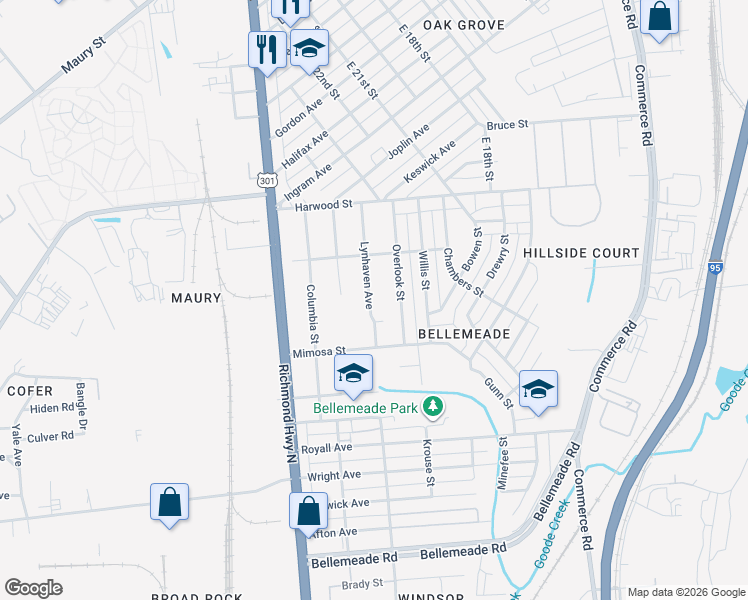 map of restaurants, bars, coffee shops, grocery stores, and more near 1425 Overlook Street in Richmond
