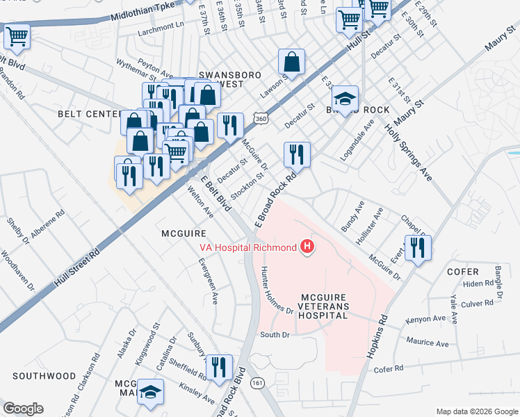 map of restaurants, bars, coffee shops, grocery stores, and more near 3937 Merry Oaks Avenue in Richmond