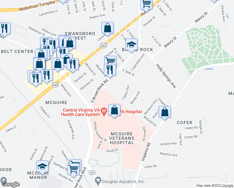 map of restaurants, bars, coffee shops, grocery stores, and more near McGuire Drive in Richmond