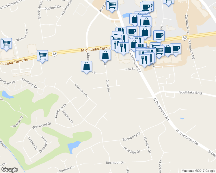 map of restaurants, bars, coffee shops, grocery stores, and more near 23220 Grove Park Court in Midlothian