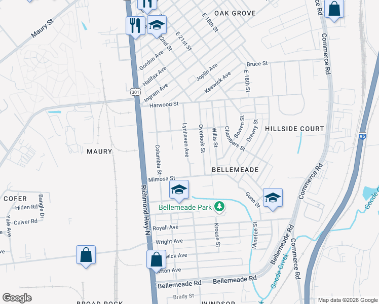 map of restaurants, bars, coffee shops, grocery stores, and more near 1425 Overlook Street in Richmond