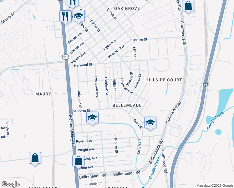 map of restaurants, bars, coffee shops, grocery stores, and more near 1422 Willis Street in Richmond