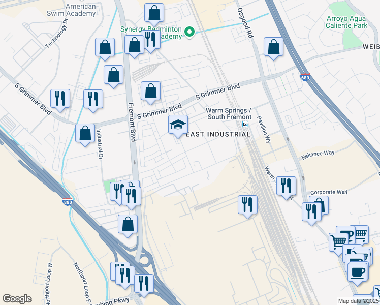 map of restaurants, bars, coffee shops, grocery stores, and more near 45300 Fremont Boulevard in Fremont