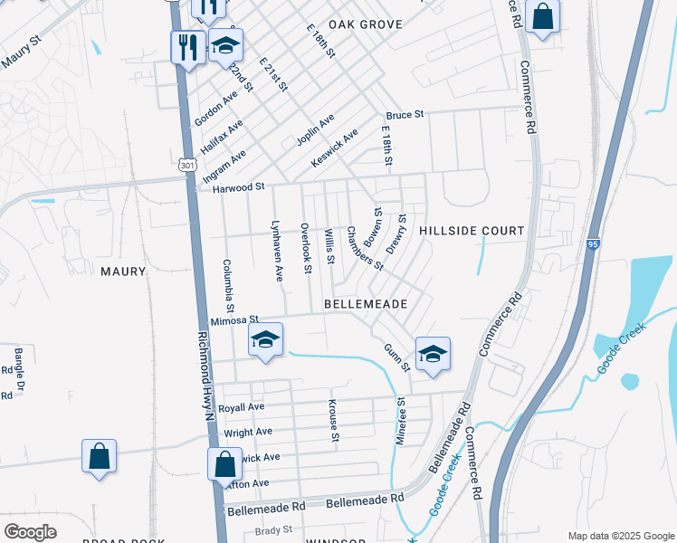 map of restaurants, bars, coffee shops, grocery stores, and more near 1422 Willis Street in Richmond