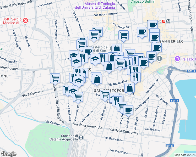 map of restaurants, bars, coffee shops, grocery stores, and more near 1-31 Via Velis in Catania