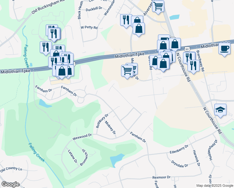 map of restaurants, bars, coffee shops, grocery stores, and more near 730 Blakeston Drive in Richmond