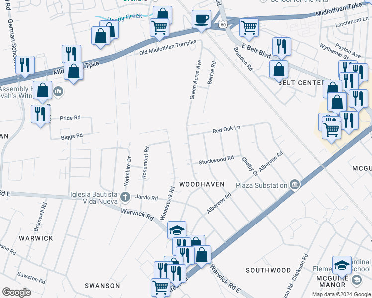 map of restaurants, bars, coffee shops, grocery stores, and more near 618 Circlewood Drive in Richmond